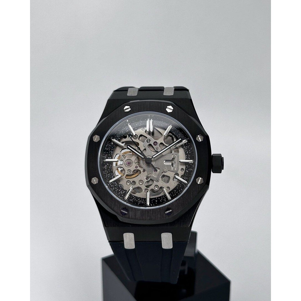 Custom Seiko Mod • Silver Skeleton Black Stardust AP• 42mm